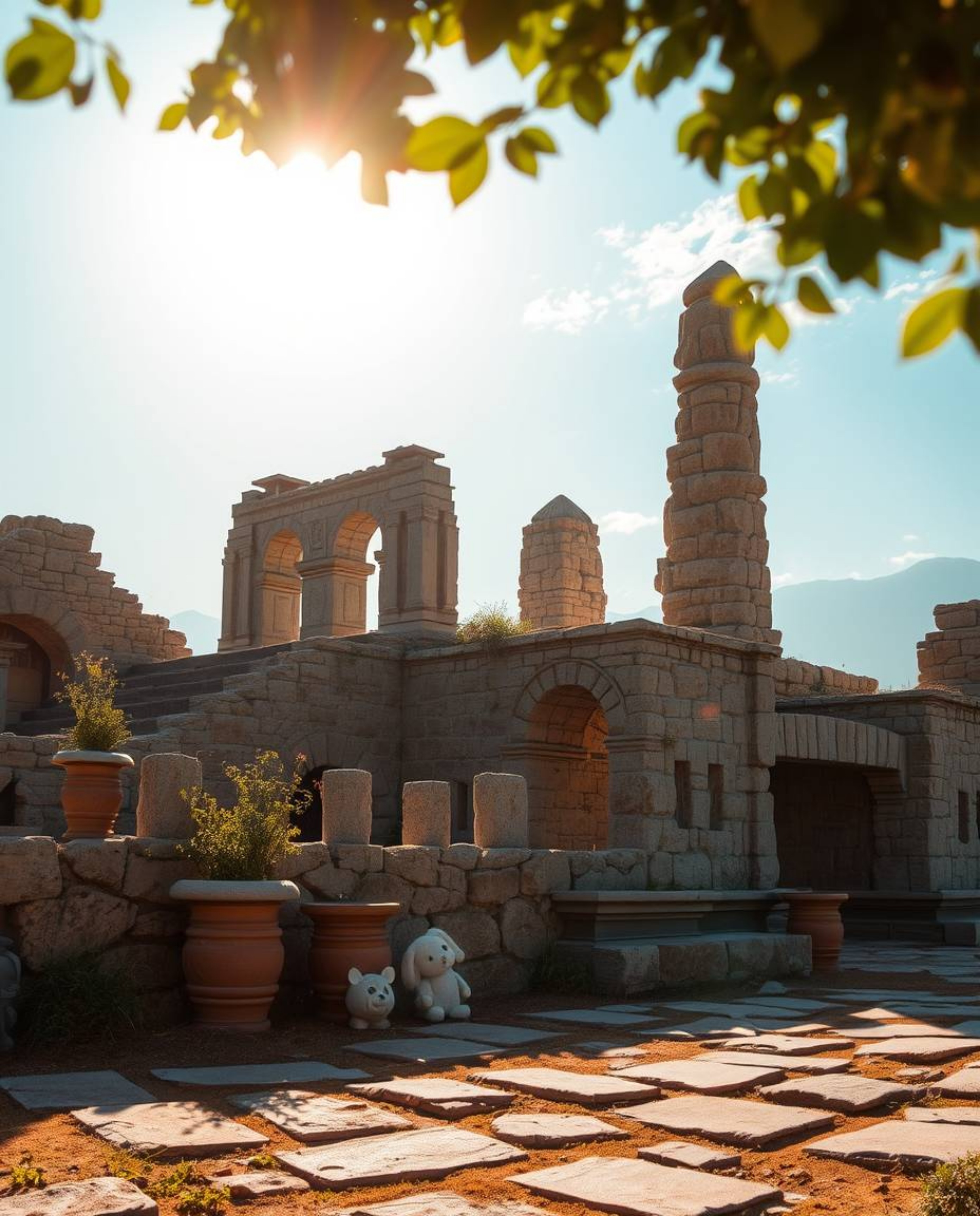 Adorable and charming features are depicted in a scene of ancient stone ruins at sunset. The environment is bathed in warm li