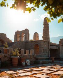 Adorable and charming features are depicted in a scene of ancient stone ruins at sunset. The environment is bathed in warm li