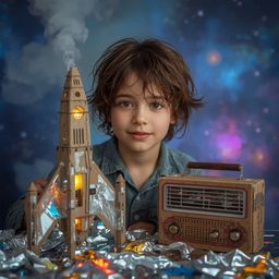 Exquisite high fashion photography captures a boy with bright, curious eyes and smooth skin, lost in the wonder of his creati