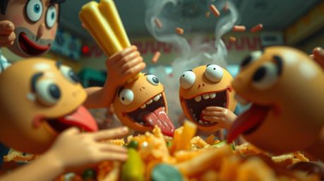 Witness an extreme close-up of a chaotic cartoon cafeteria food fight!  This vibrant animation showcases intricate details of