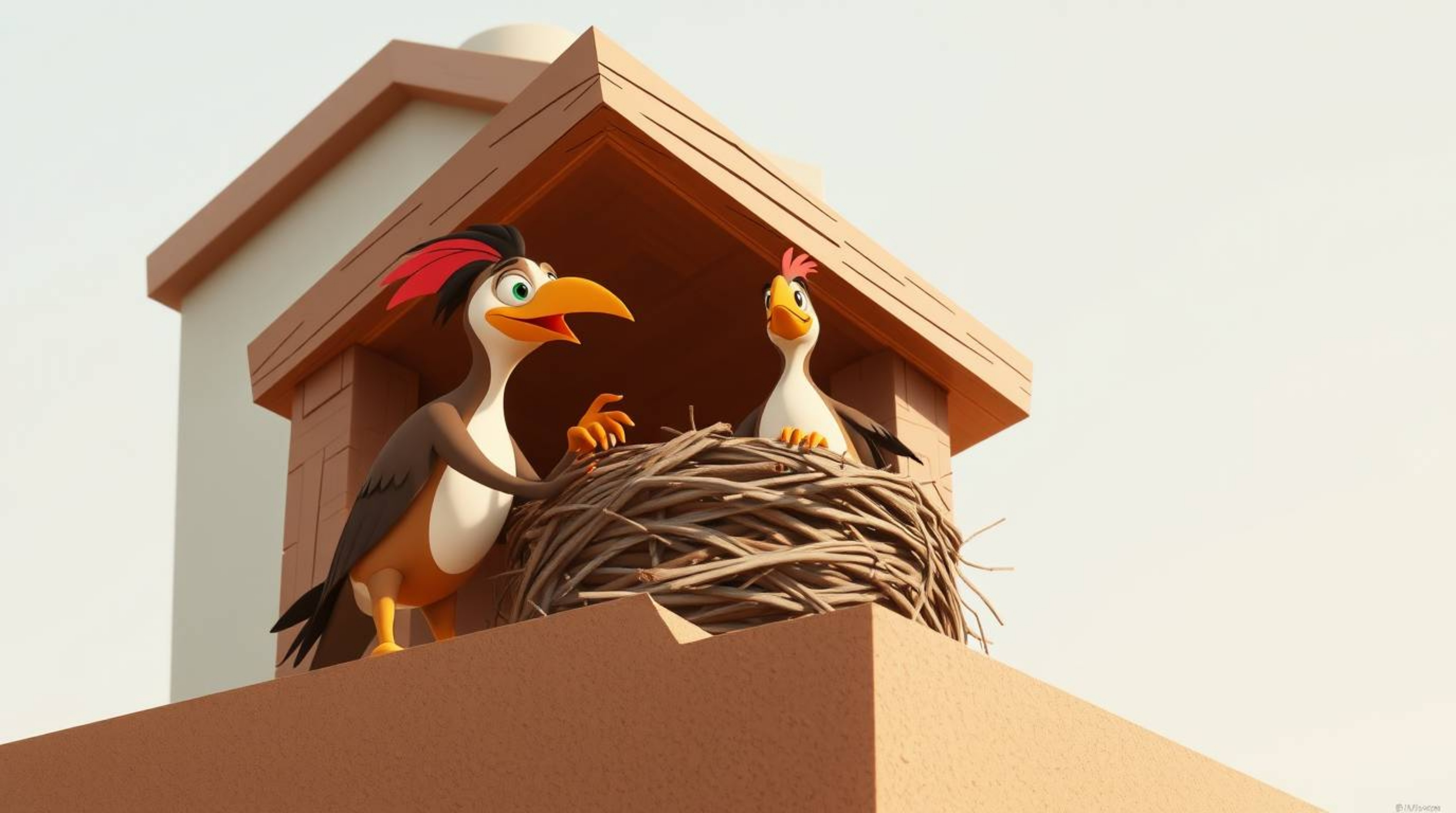 A captivating architectural color photograph depicts two cartoon birds meticulously constructing a nest.  Rendered in a class
