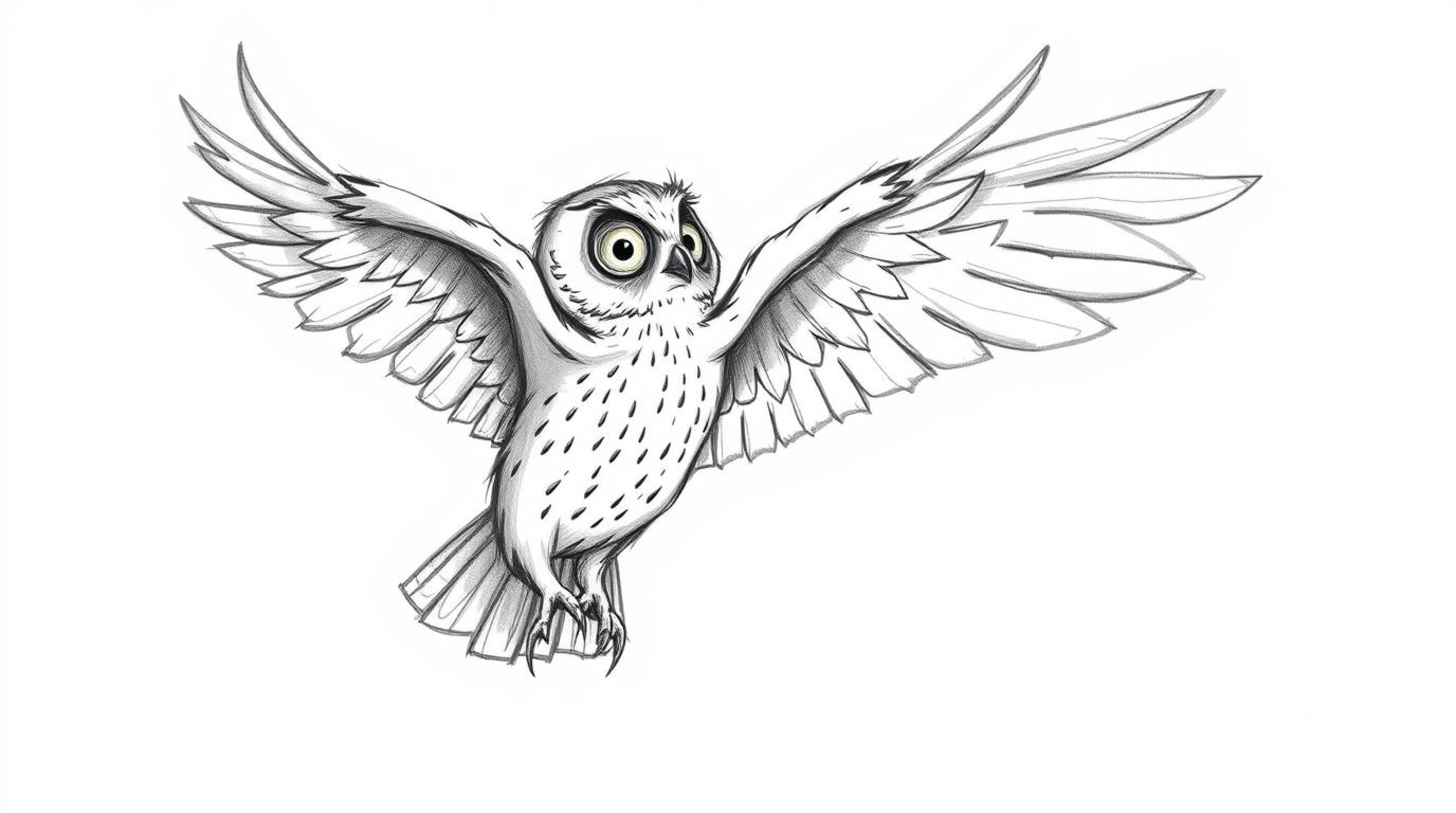 A heartwarming hand-drawn sketch in the style of Pixar depicts a blind owl, rendered with textured pencil strokes and rough l