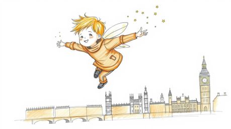 A hand-drawn sketch depicting a young boy soaring above a simplified London skyline, propelled by pixie dust. The artwork fea