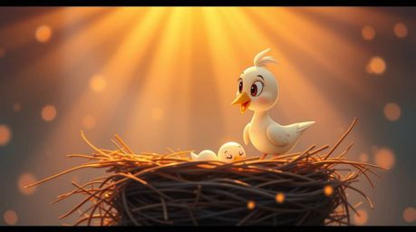 A captivating long exposure photograph showcases two charming cartoon birds diligently constructing their nest.  Rendered in 