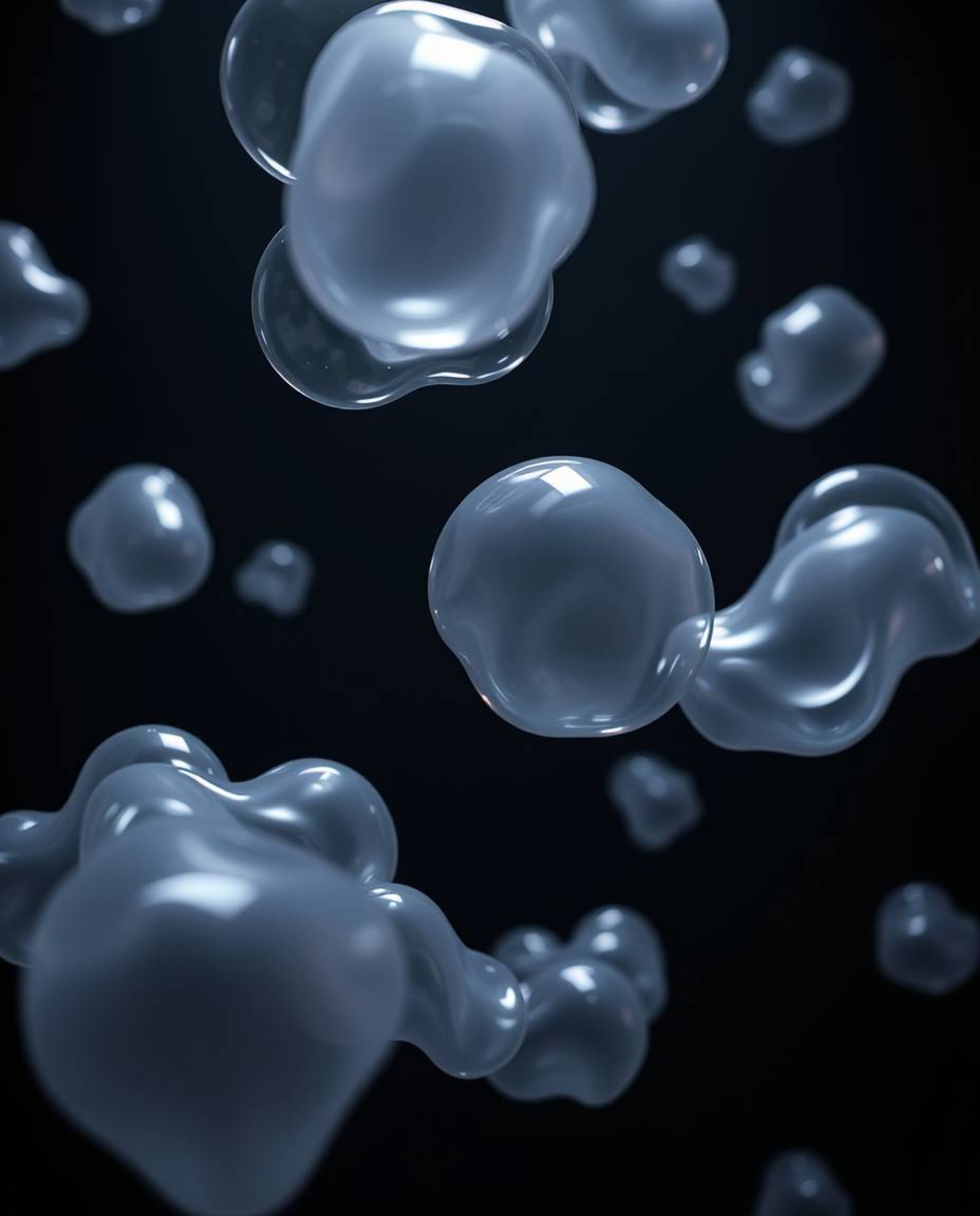 A mesmerizing 3D render showcasing translucent, fluid organic blobs gracefully floating in the vast expanse of space. The art