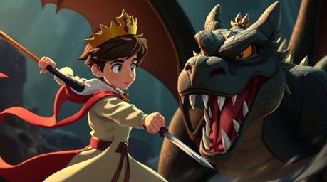 A charming prince, rendered in a captivating 1950s animation style, bravely combats a fearsome dragon.  The scene is brought 