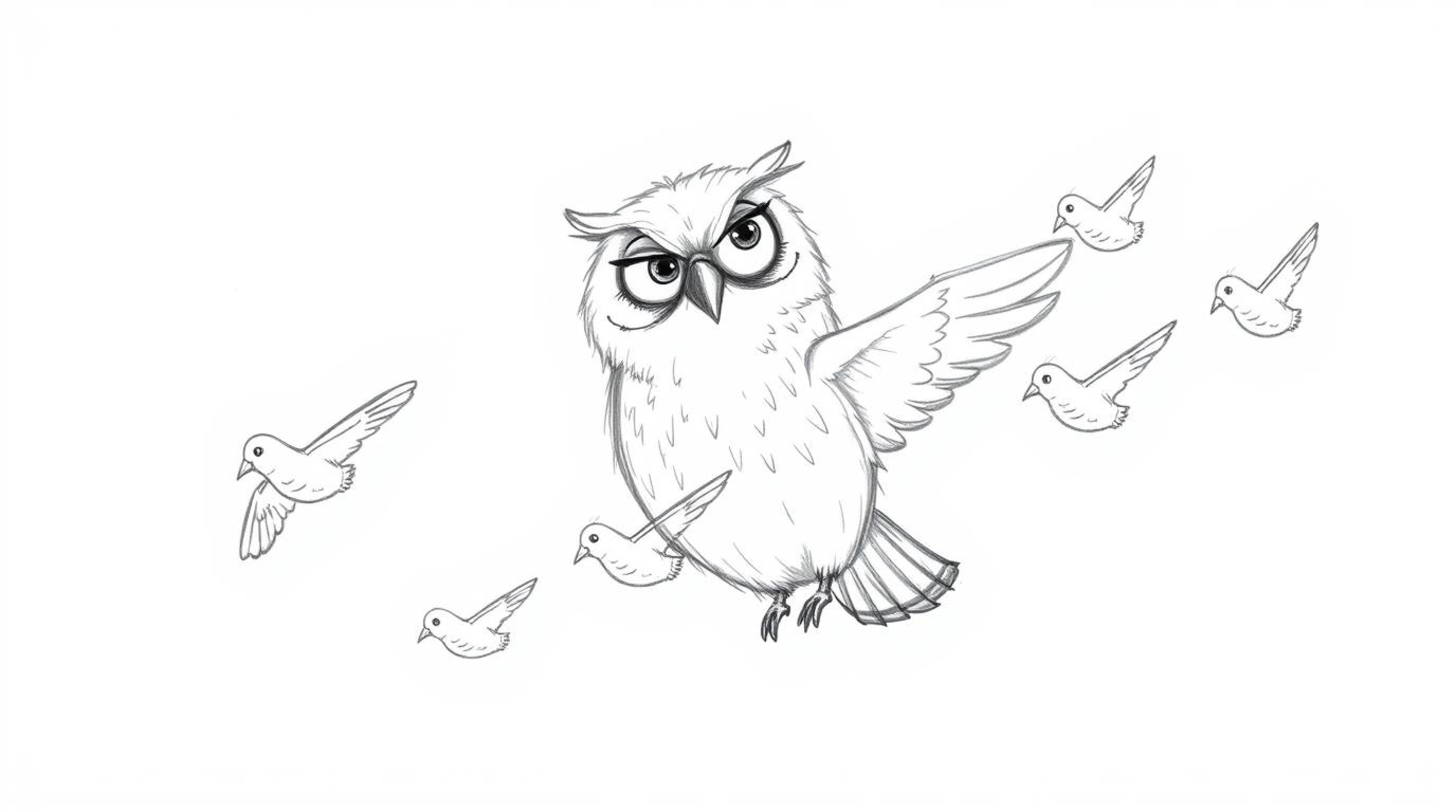 A heartwarming hand-drawn sketch in Pixar style depicting a blind, wise owl with soft feathers and kind eyes mentoring a floc
