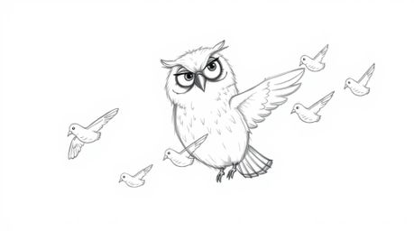 A heartwarming hand-drawn sketch in Pixar style depicting a blind, wise owl with soft feathers and kind eyes mentoring a floc