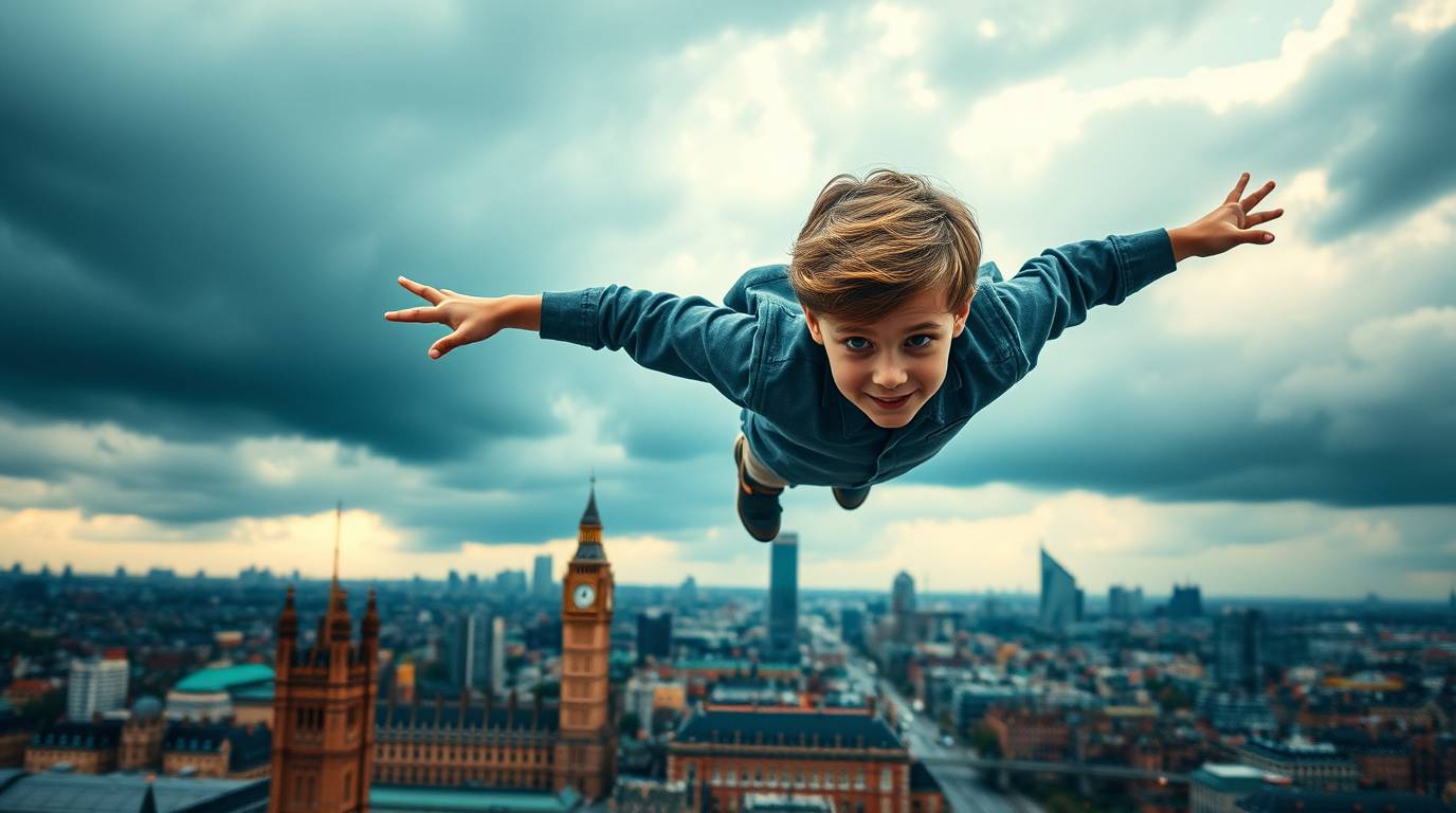 A captivating image of a young boy with refined features gracefully soaring above a dramatic London cityscape.  The intense c
