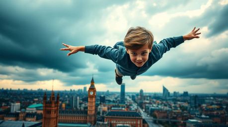 A captivating image of a young boy with refined features gracefully soaring above a dramatic London cityscape.  The intense c