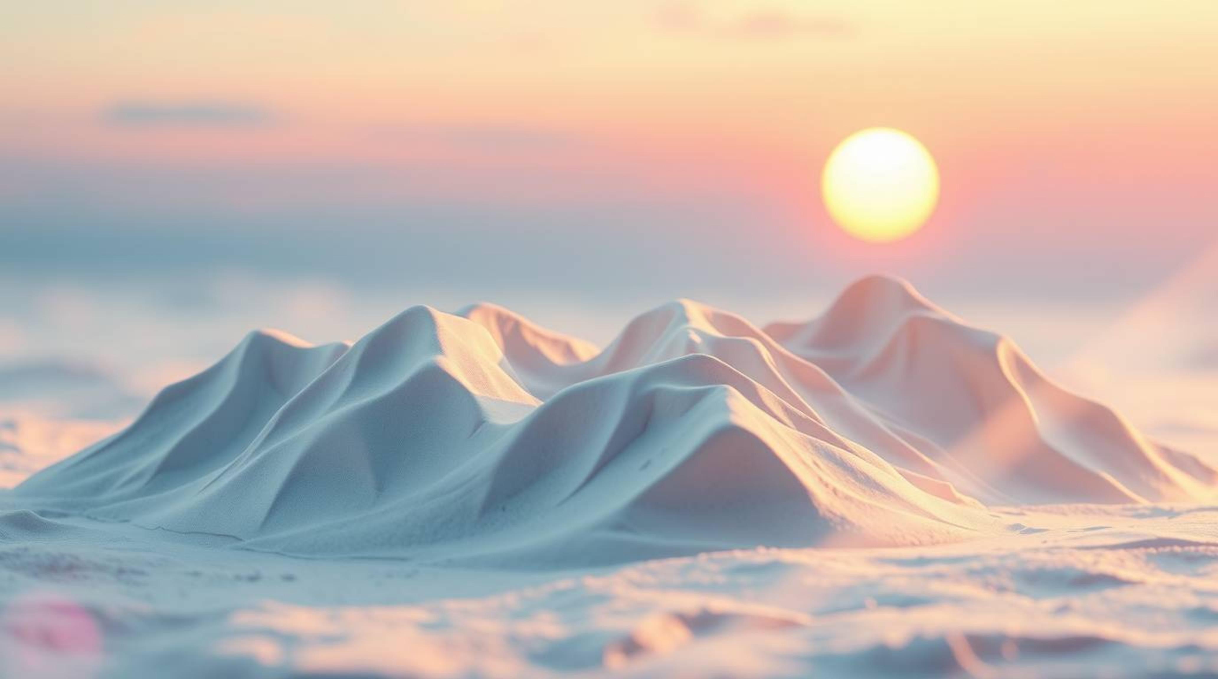 Explore stunning sculptural clay art depicting snow-covered mountains bathed in the glow of a pastel sunset. The artwork feat