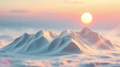 Explore stunning sculptural clay art depicting snow-covered mountains bathed in the glow of a pastel sunset. The artwork feat