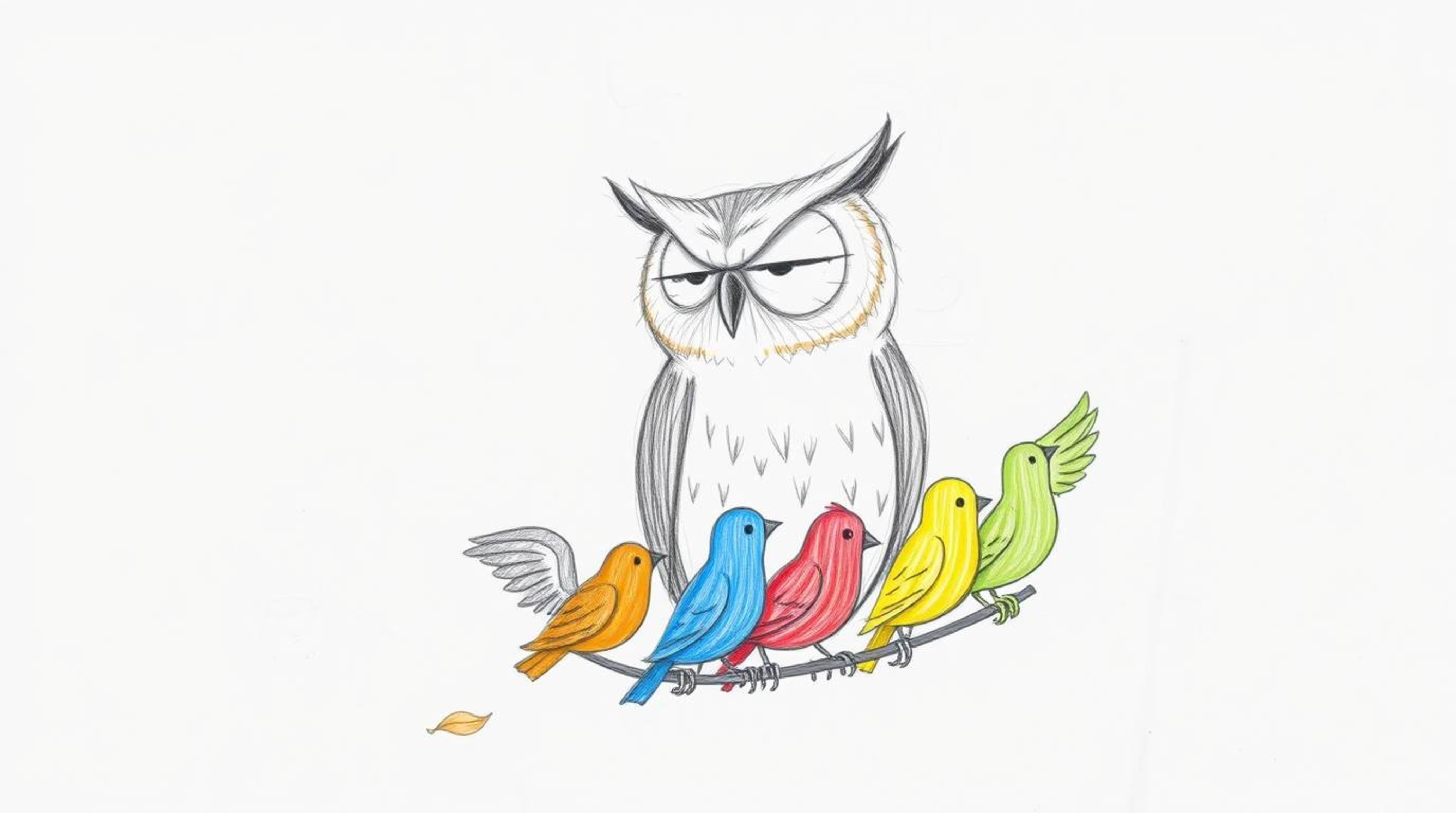A hand-drawn sketch depicting a blind, wise-looking owl with smooth feathers and subtle wrinkles, gently guiding colorful bir
