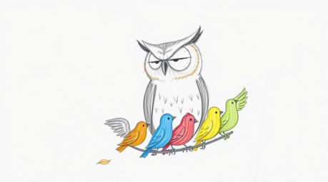 A hand-drawn sketch depicting a blind, wise-looking owl with smooth feathers and subtle wrinkles, gently guiding colorful bir