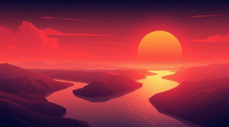 A captivating flat-design illustration showcases a winding river illuminated by a dramatic orange-pink sunset.  The epic scen