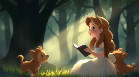 This artwork depicts a princess with light brown hair singing to forest animals in a soft, dreamy atmosphere reminiscent of v