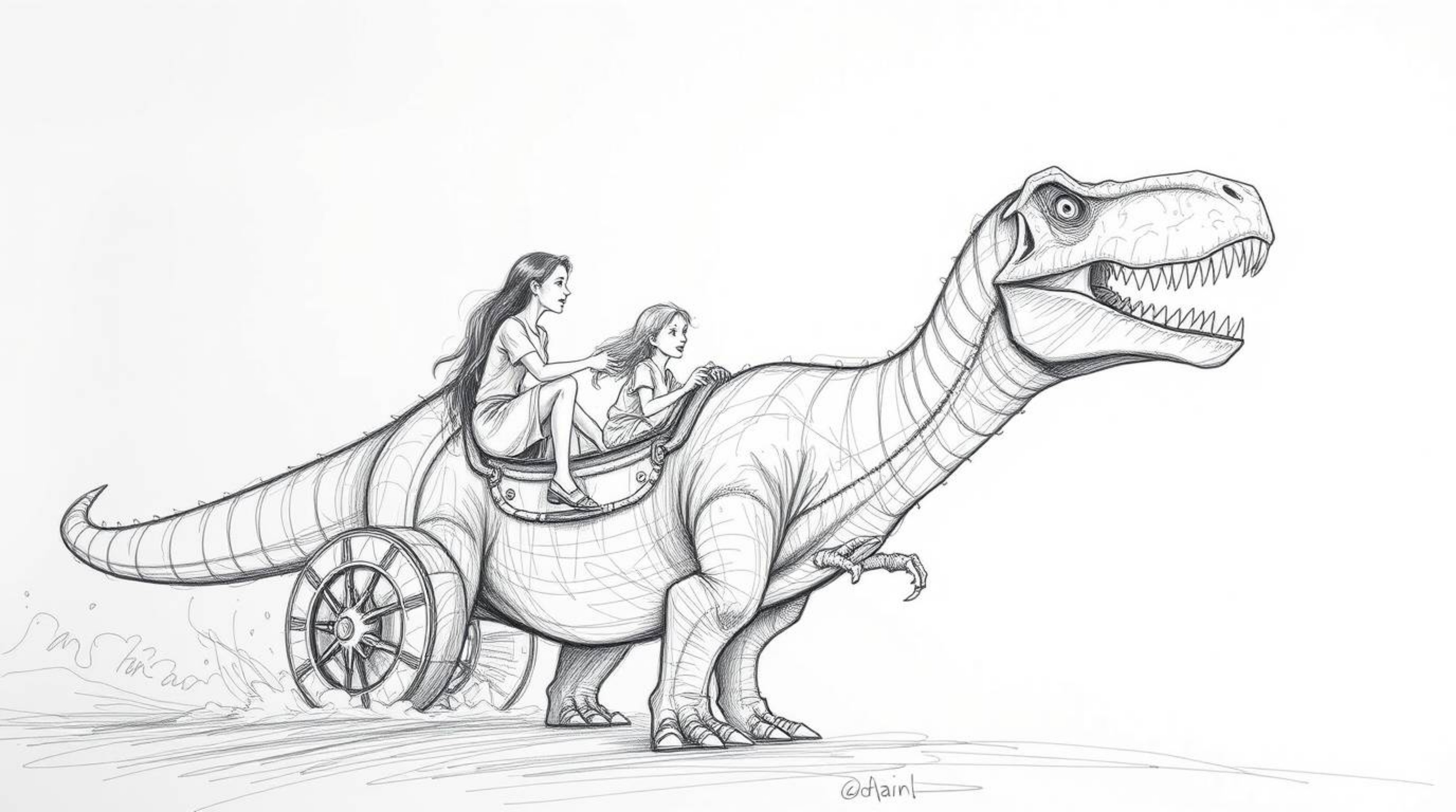 A captivating hand-drawn sketch depicts a prehistoric family enjoying a thrilling ride in a dinosaur-shaped car.  The grand, 