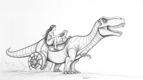 A captivating hand-drawn sketch depicts a prehistoric family enjoying a thrilling ride in a dinosaur-shaped car.  The grand, 