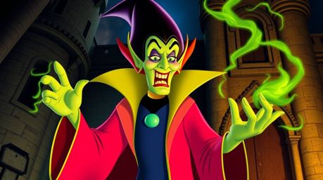 This image portrays a classic Disney villain with exaggerated features and vibrant, electric-colored clothing, in the midst o