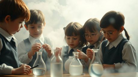 A soft cinematic haze envelops a group of quirky children in school uniforms, deeply engrossed in performing science experime