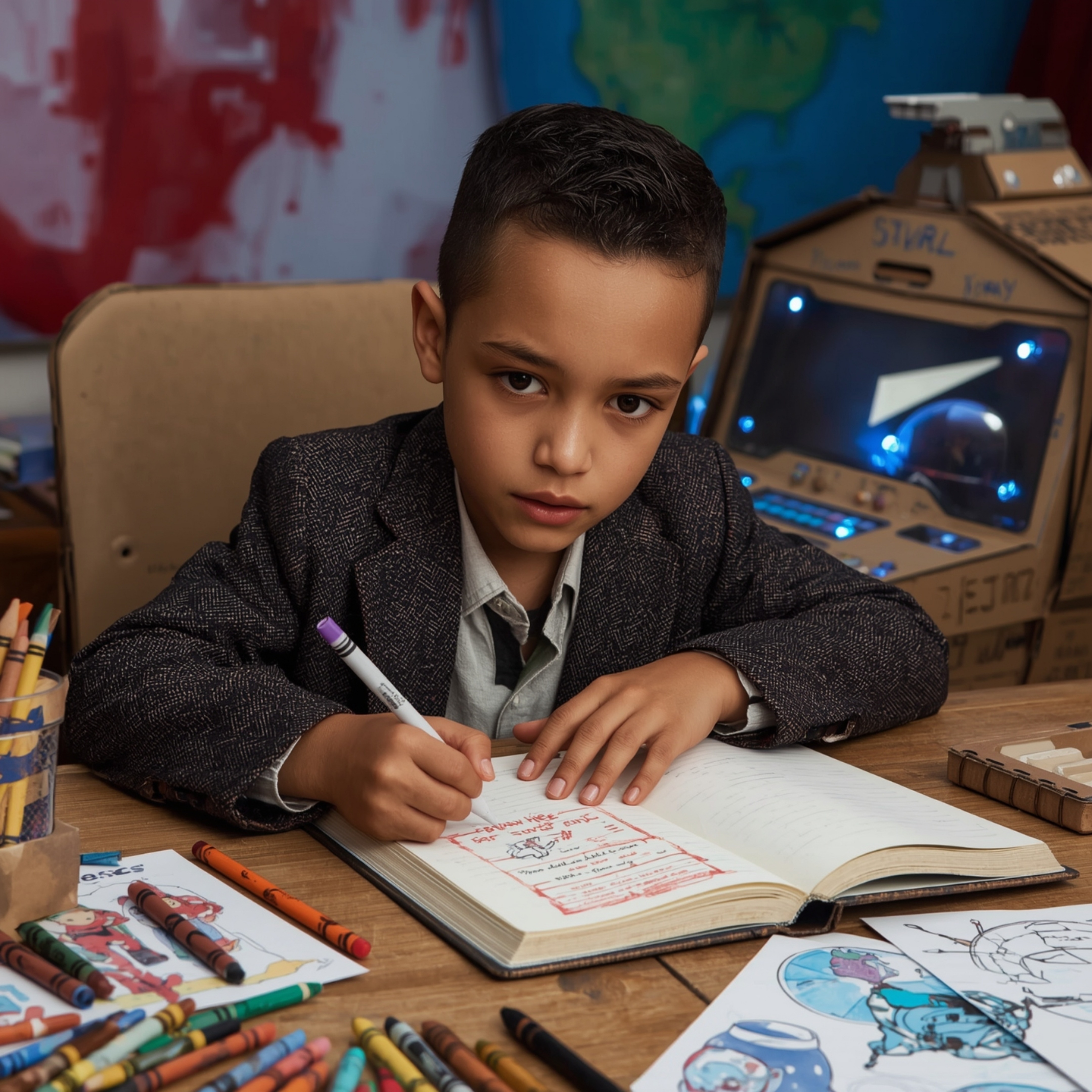 Exquisite high-fashion photography captures a boy with curious brown eyes intensely writing in a space journal with a vibrant