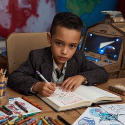 Exquisite high-fashion photography captures a boy with curious brown eyes intensely writing in a space journal with a vibrant