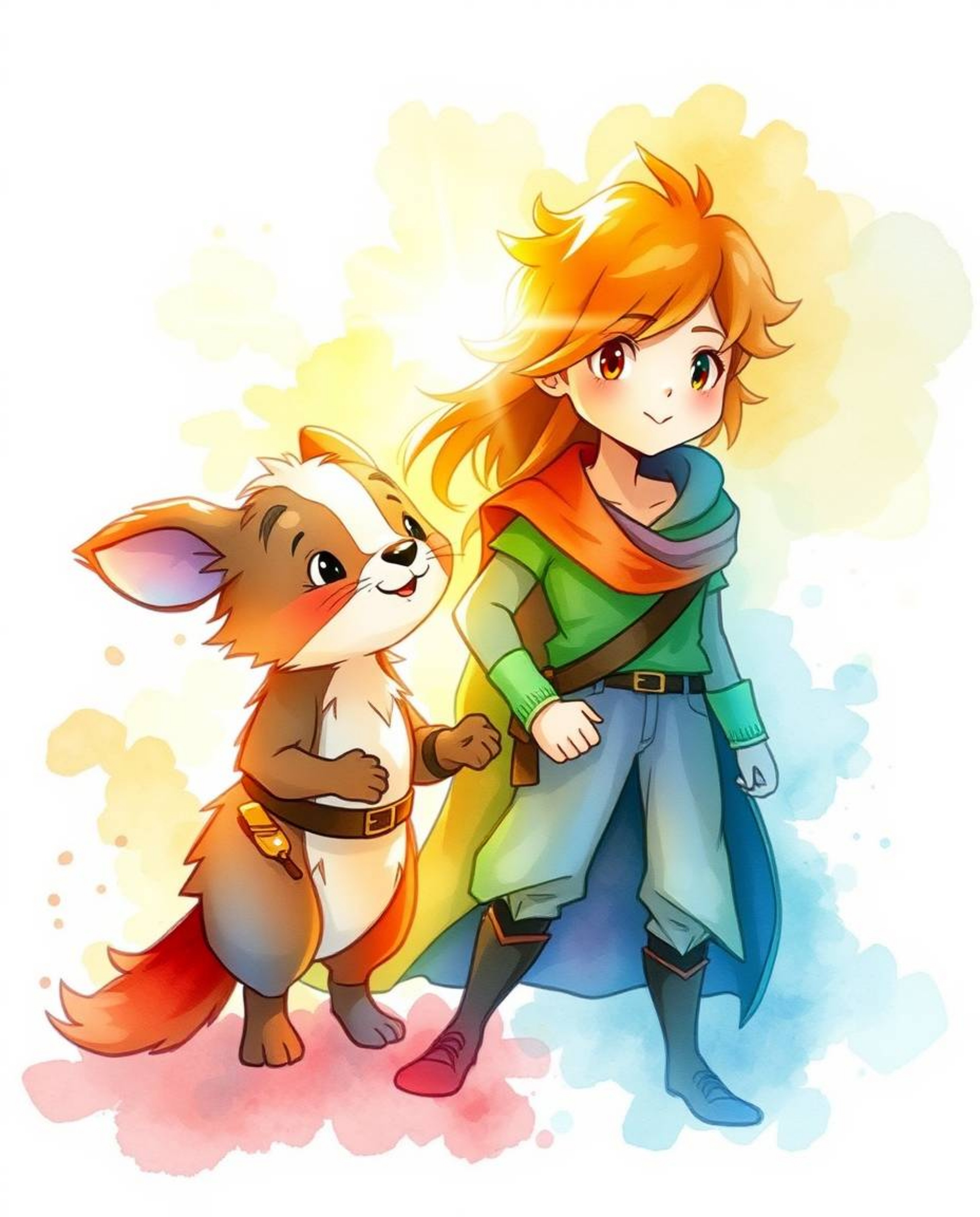 A delicate watercolor painting featuring a bright lens flare, depicting a talking animal sidekick assisting a hero on a capti