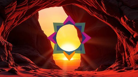 Explore a captivating blend of geometric logos with vibrant colors and light streaks set against an eerie desert landscape.  