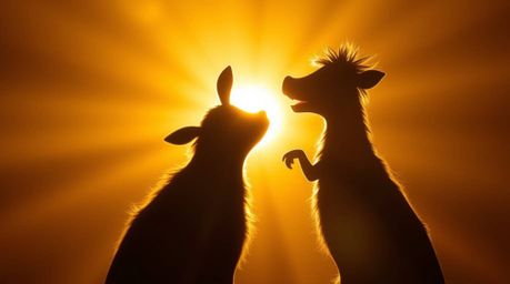 A captivating silhouette of two mischievous talking animals, bathed in a warm, golden light.  This stunning image, perfect fo