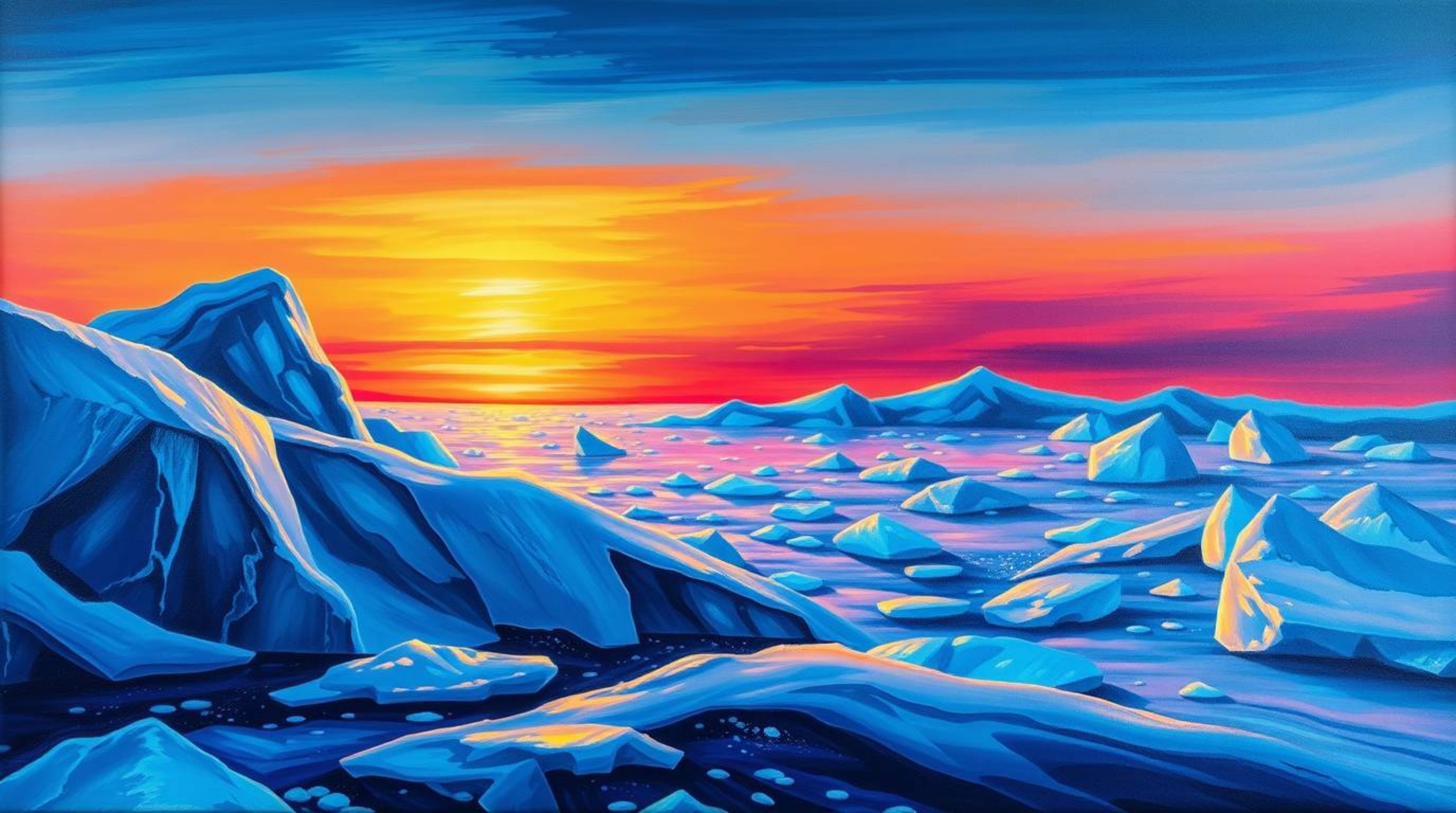 This bold acrylic painting captures a breathtaking sunset over icy polar glaciers, infused with the magic of glowing biolumin
