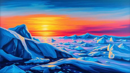 This bold acrylic painting captures a breathtaking sunset over icy polar glaciers, infused with the magic of glowing biolumin