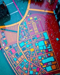 This captivating artwork presents a vibrant, abstract city map composed of geometric shapes viewed from above during a light 
