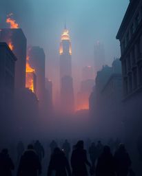 A city is consumed by flames, with people desperately fleeing amidst thick fog, creating a scene of low visibility and chaos.