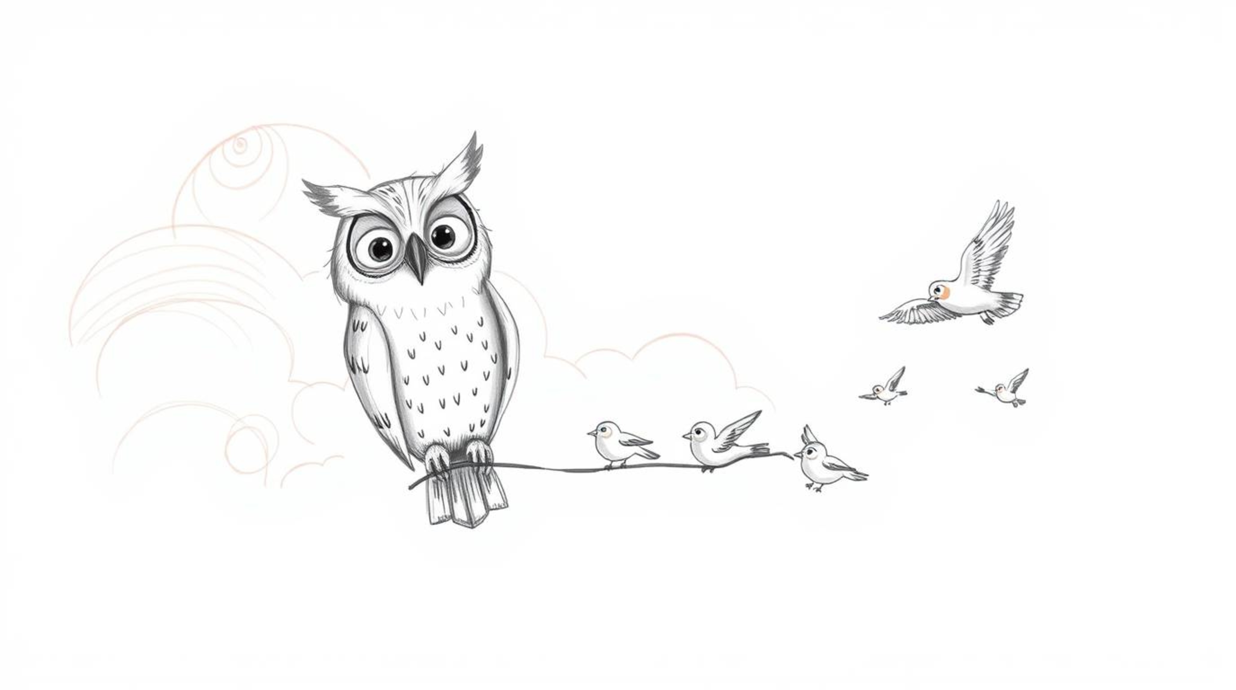 A heartwarming Pixar-style image of a wise-looking, blind owl with soft feathers guiding a group of small birds in flight. Th