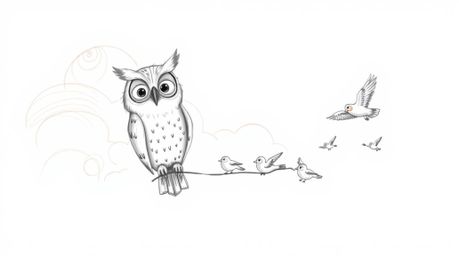 A heartwarming Pixar-style image of a wise-looking, blind owl with soft feathers guiding a group of small birds in flight. Th
