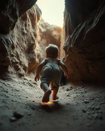 This image captures a moment of wonder as a child with light brown skin, shot from a low angle, follows a trail of glowing fo