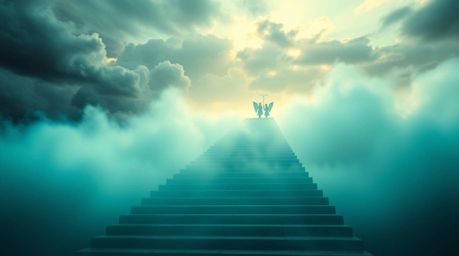 Immerse yourself in a dreamlike digital painting featuring deep teal, foggy steps ascending into a cloudy sky. Angelic figure