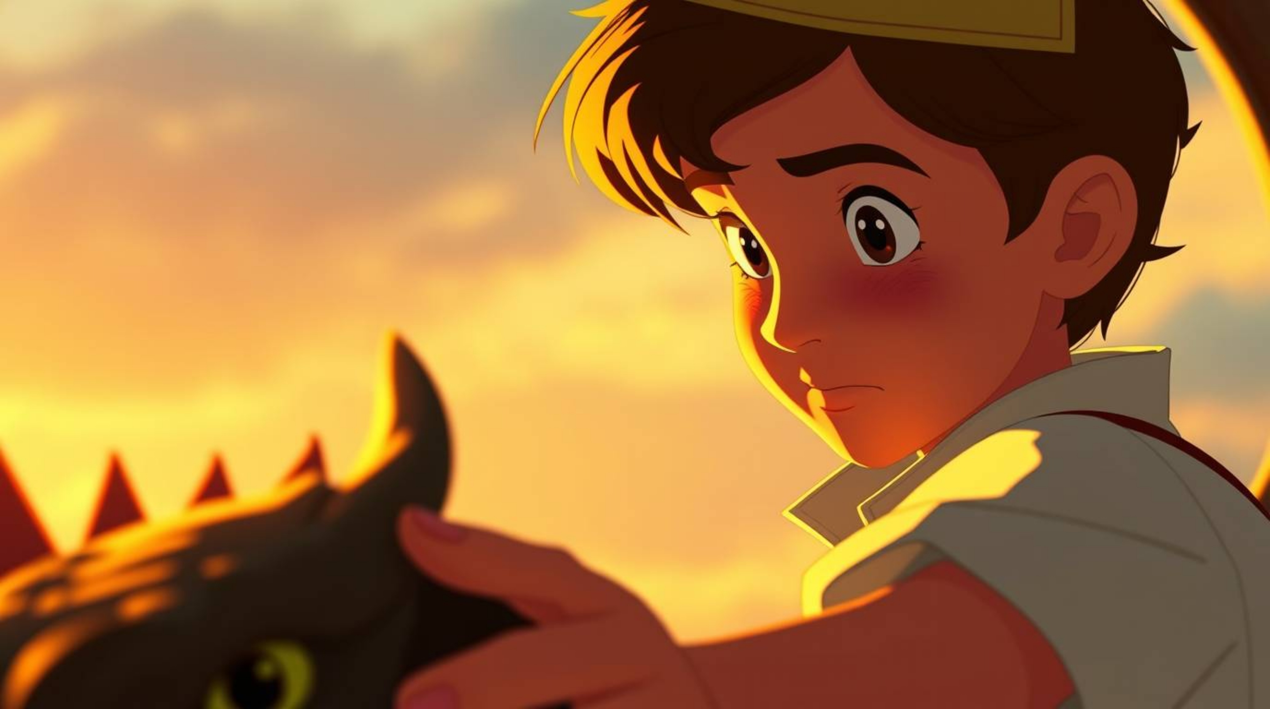 A close-up, warm golden hour shot showcases a charming prince with delicate features in an epic battle against a fearsome dra