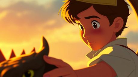 A close-up, warm golden hour shot showcases a charming prince with delicate features in an epic battle against a fearsome dra