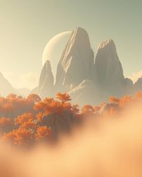 This artwork features an epic scene bathed in soft haze and warm autumn colors, showcasing intricate 3D shapes with a smooth 