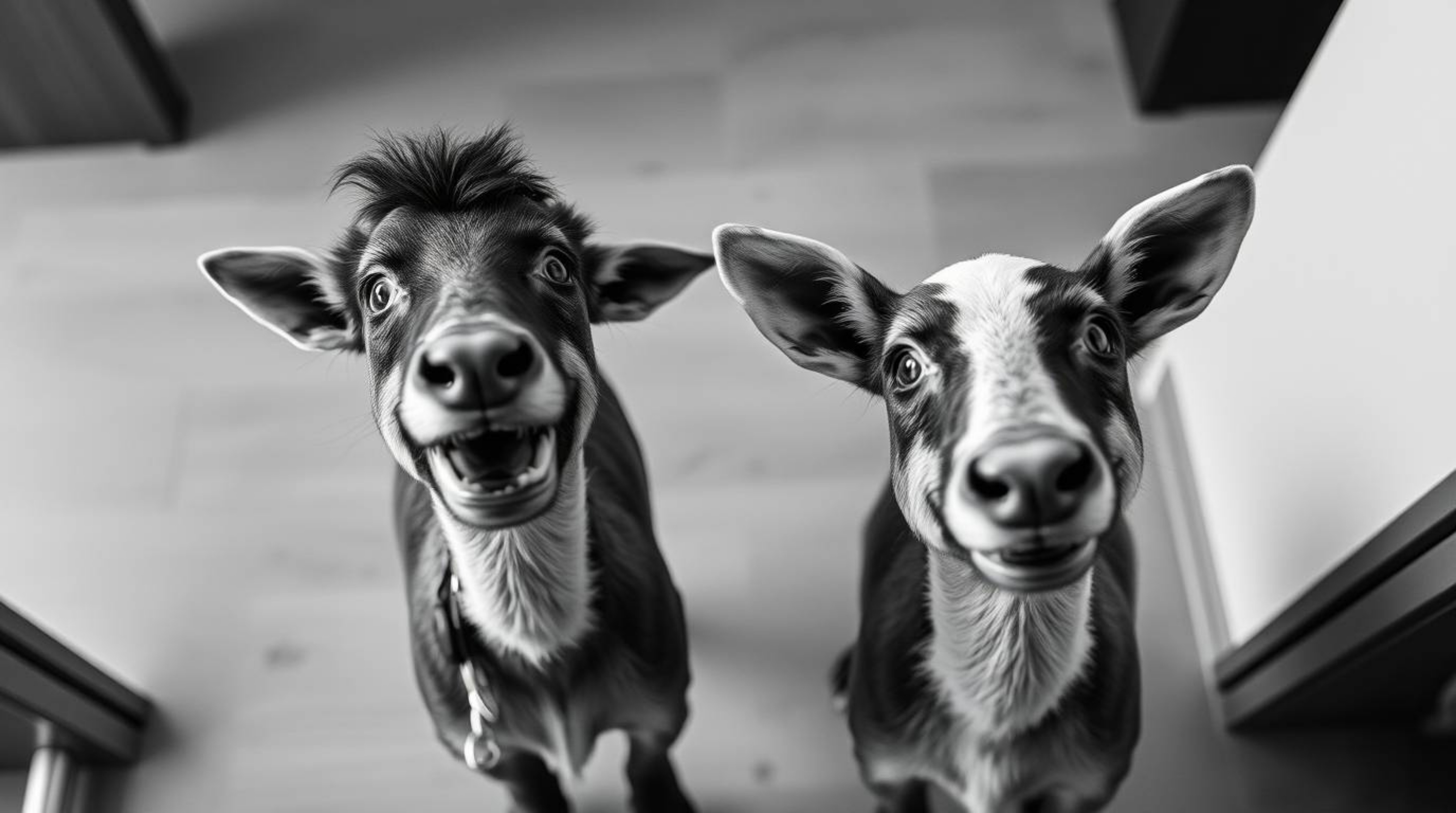 A timeless and elegant black and white photograph, captured from a high-angle perspective, showcases two mischievous talking 