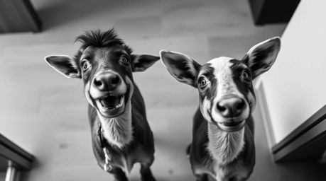 A timeless and elegant black and white photograph, captured from a high-angle perspective, showcases two mischievous talking 