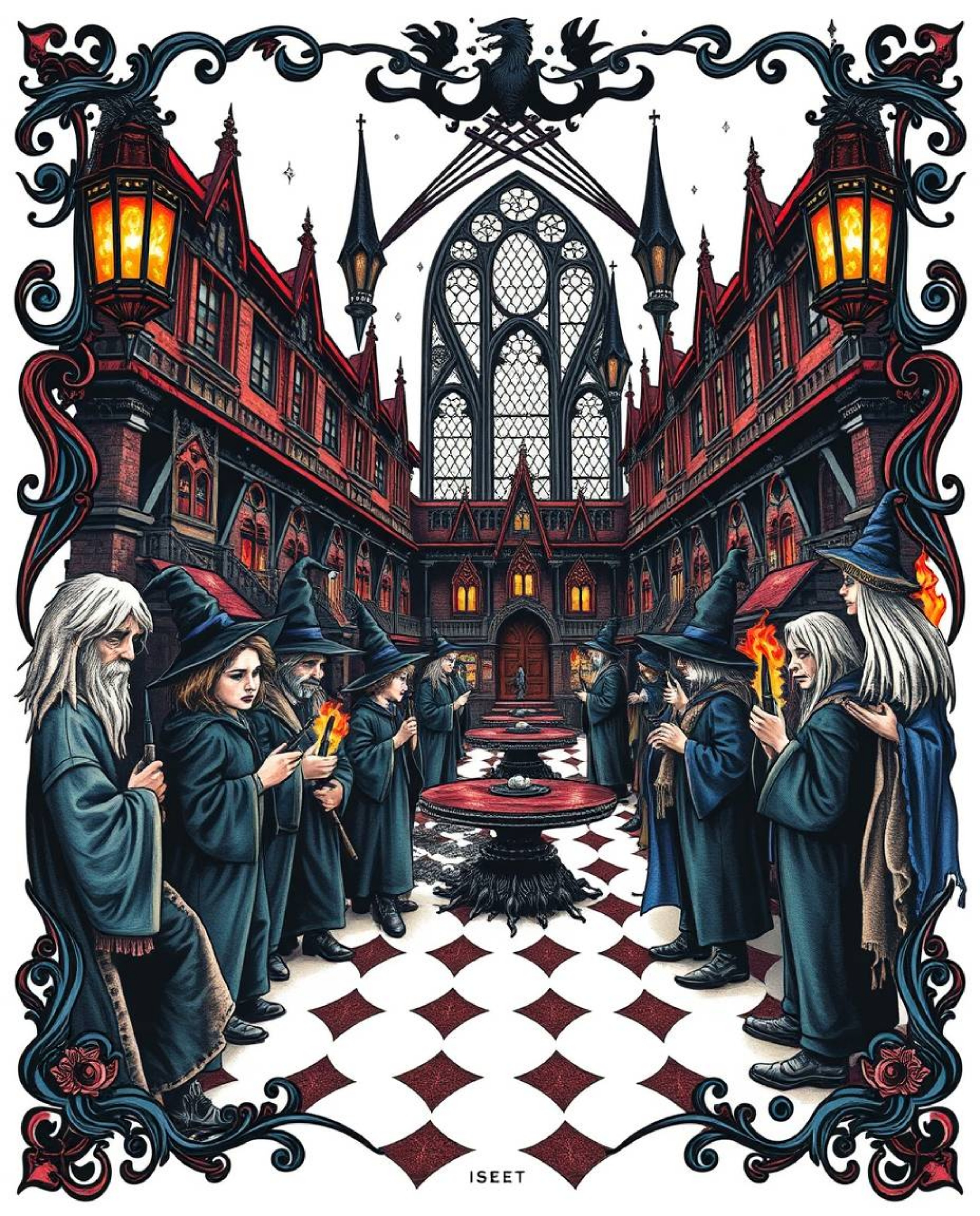 This striking art print features a symbolic and traditional tattoo design of a magical school teeming with young wizards. The