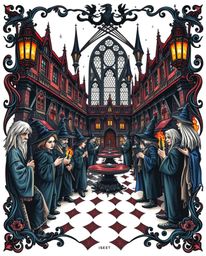 This striking art print features a symbolic and traditional tattoo design of a magical school teeming with young wizards. The