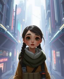 This stunning illustration captures a young inventor girl with expressive eyes and fair skin, set in a dreamlike, ethereal Pi