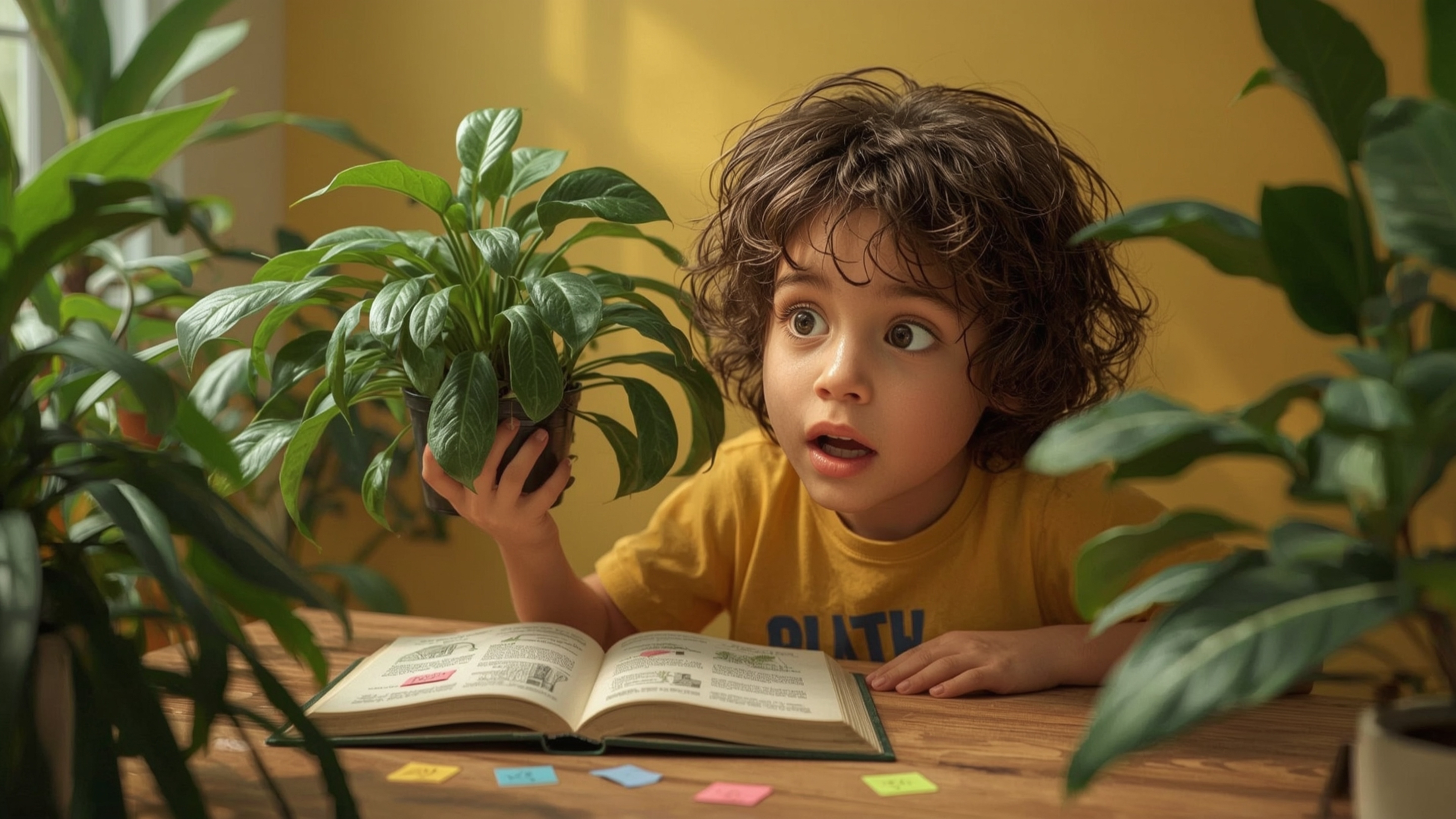 In a vibrant and whimsical photograph reminiscent of Pixar's signature style, a homeschooled genius with curly brown hair and