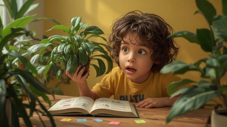 In a vibrant and whimsical photograph reminiscent of Pixar's signature style, a homeschooled genius with curly brown hair and