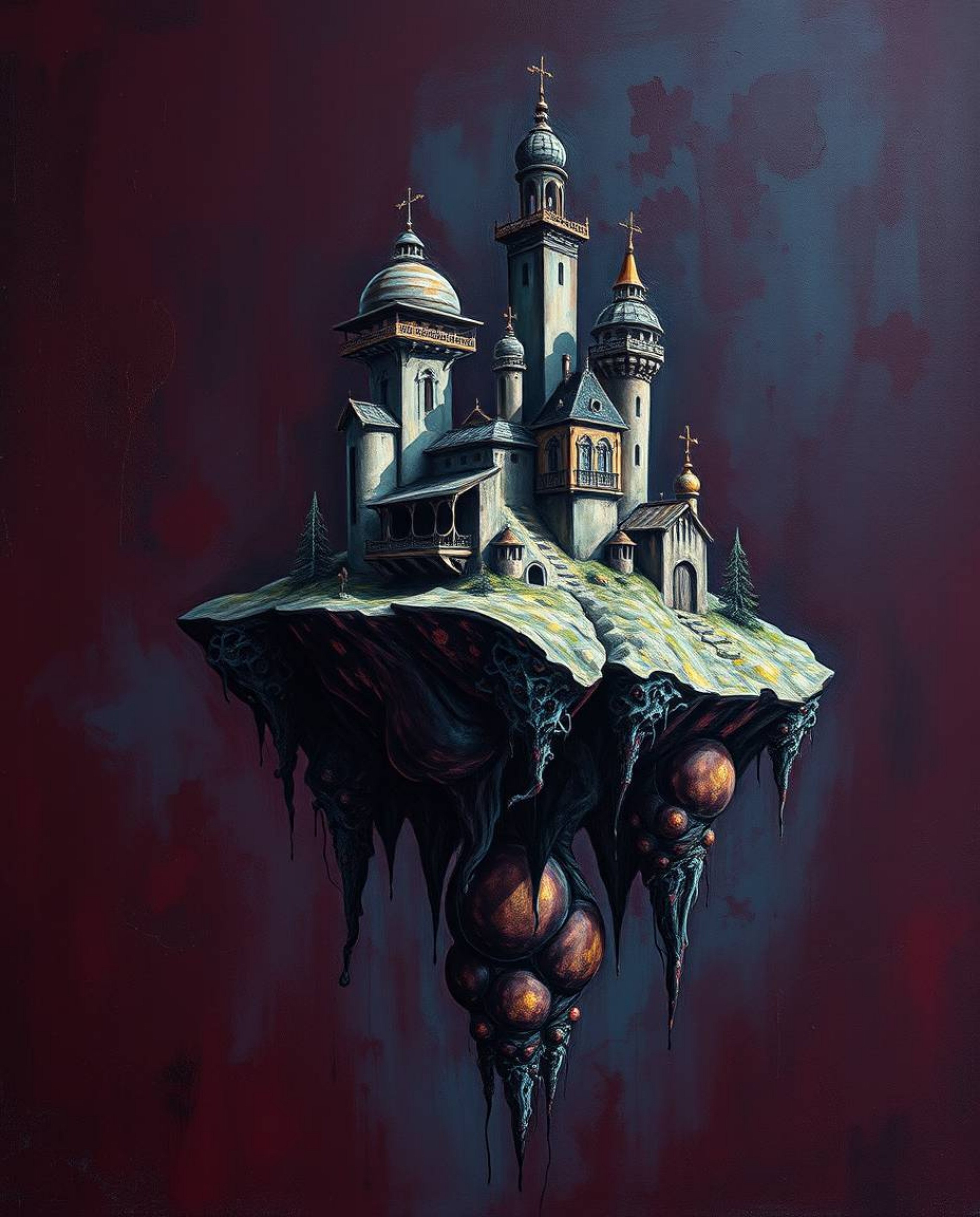 Explore a surreal floating island boasting bizarre and captivating architecture, brought to life in a vibrant acrylic paintin