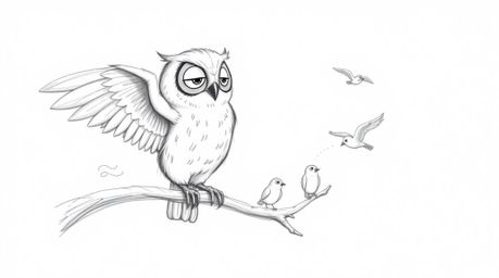 A heartwarming hand-drawn sketch in the style of Pixar showcases a blind owl, rendered with soft, feathery textures, passiona