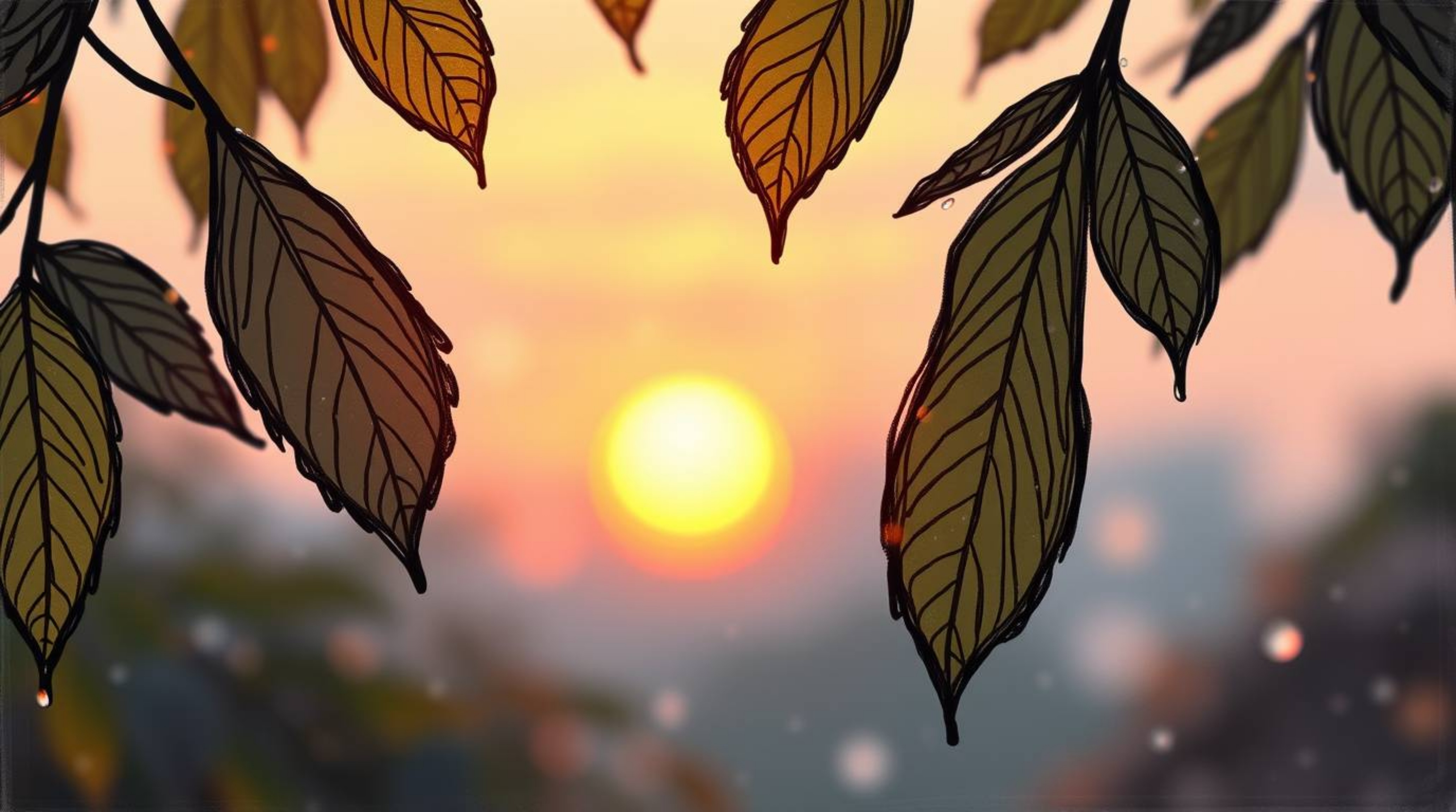 Immerse yourself in a captivating visual experience with a hand-drawn sketch showcasing a sunset reflected in raindrops on le